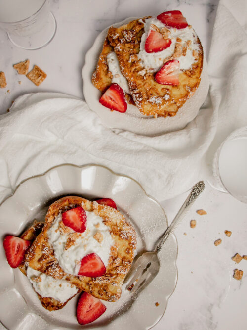 Homemade cinnamon toast crunch french toast with strawberries