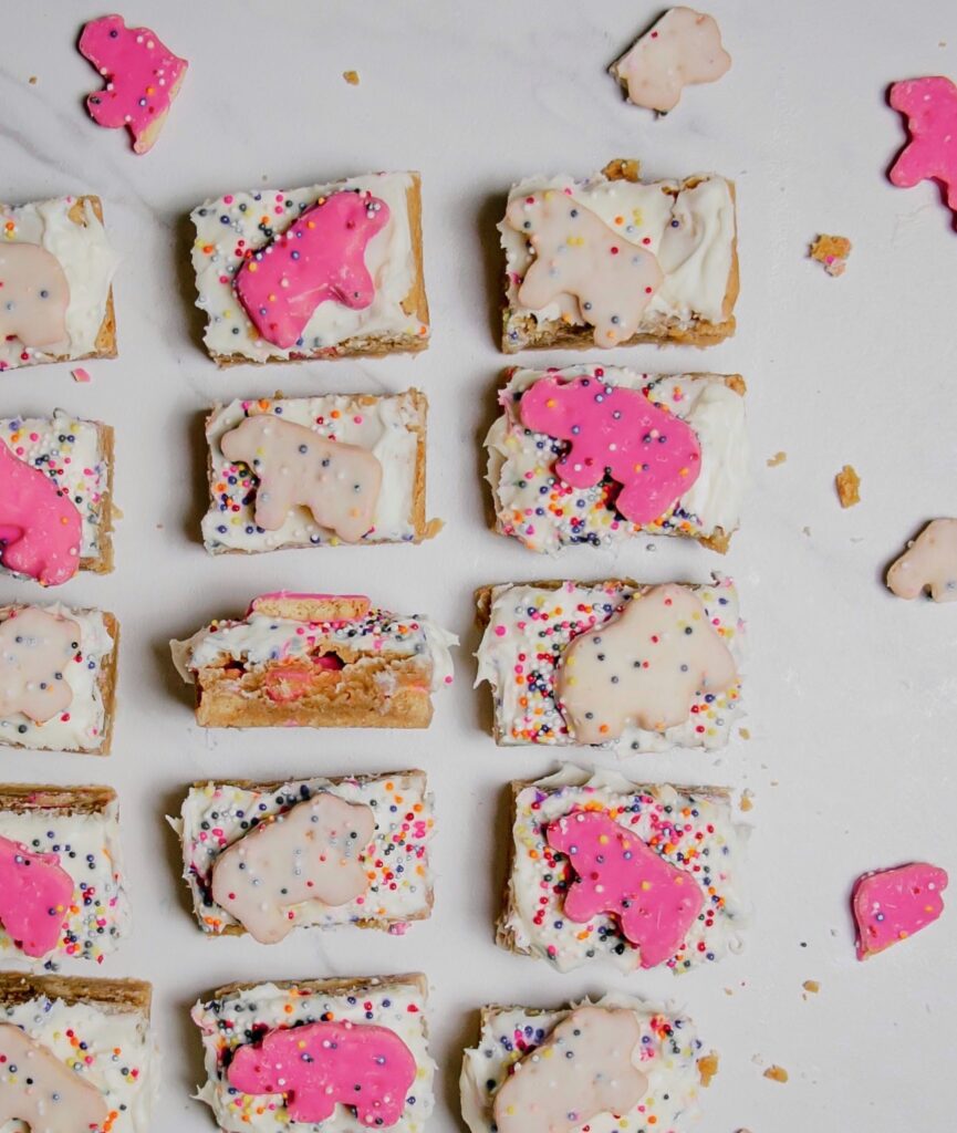 Homemade circus animal cookie bars close up detail shot 