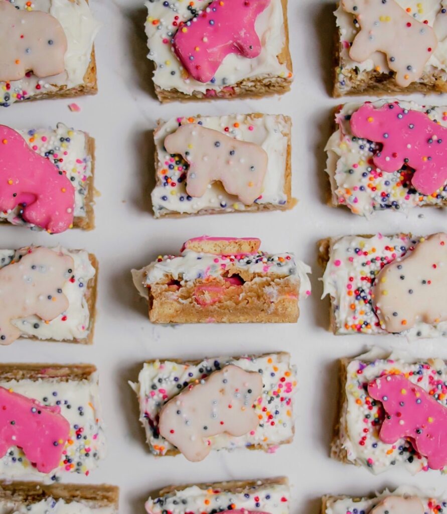 Homemade circus animal cookie bars close up detail shot 