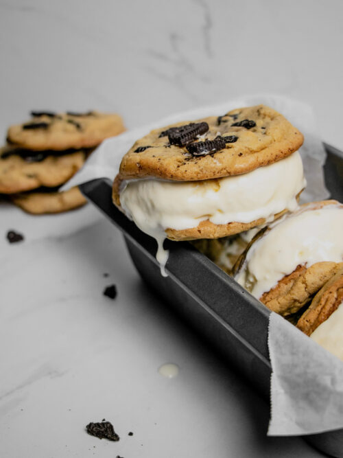 homemade cookies and cream ice cream sandwiches dripping