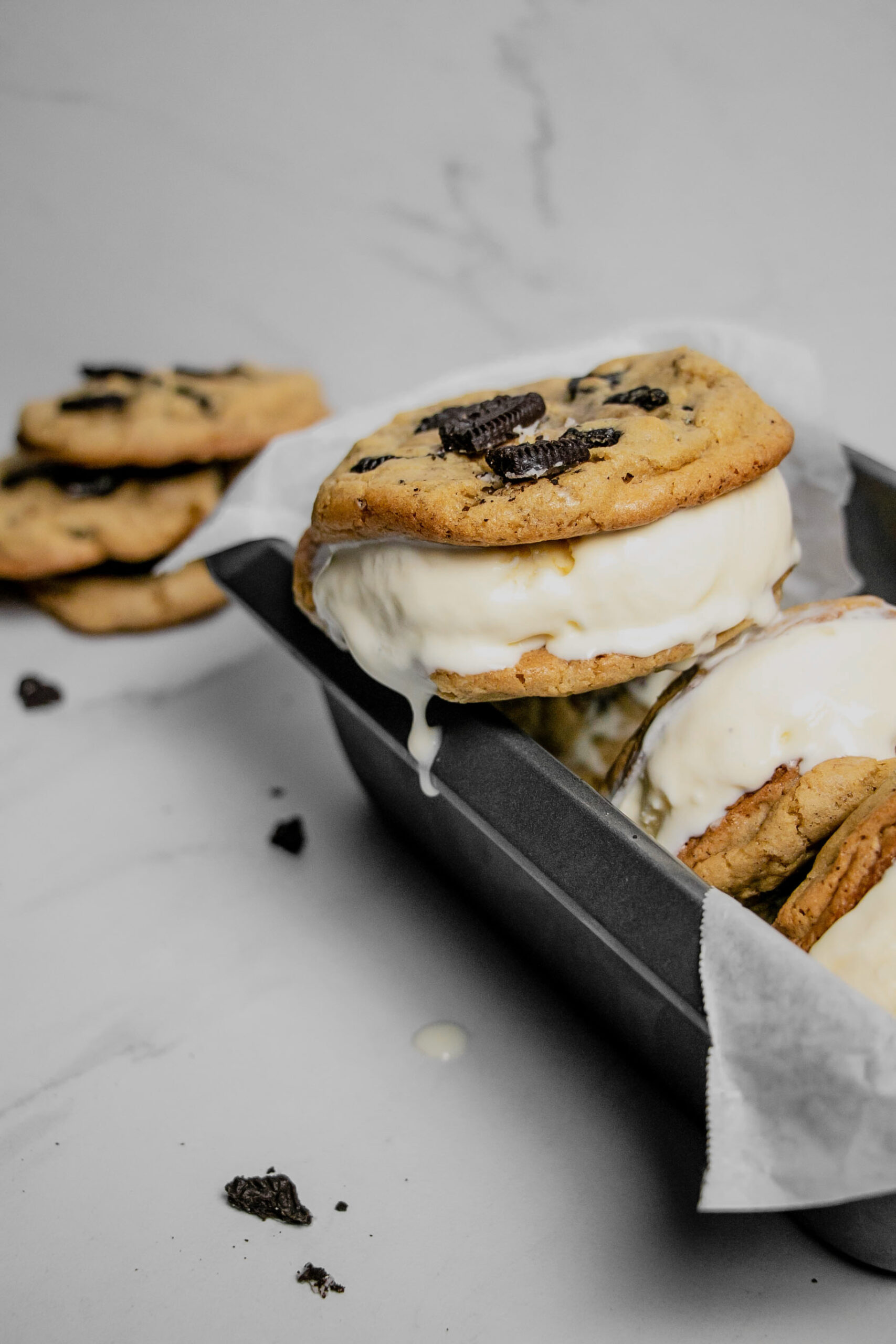 homemade cookies and cream ice cream sandwiches dripping