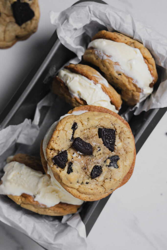 homemade cookies and cream ice cream sandwich top view