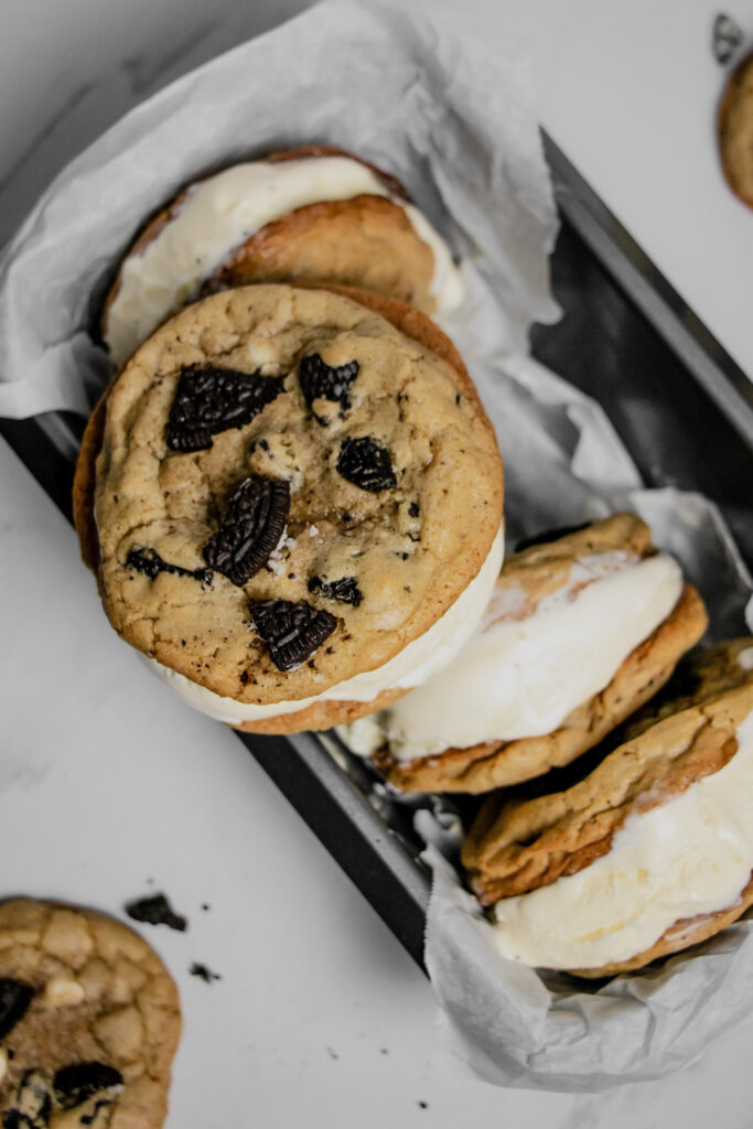 homemade cookies and cream ice cream sandwiches top close up