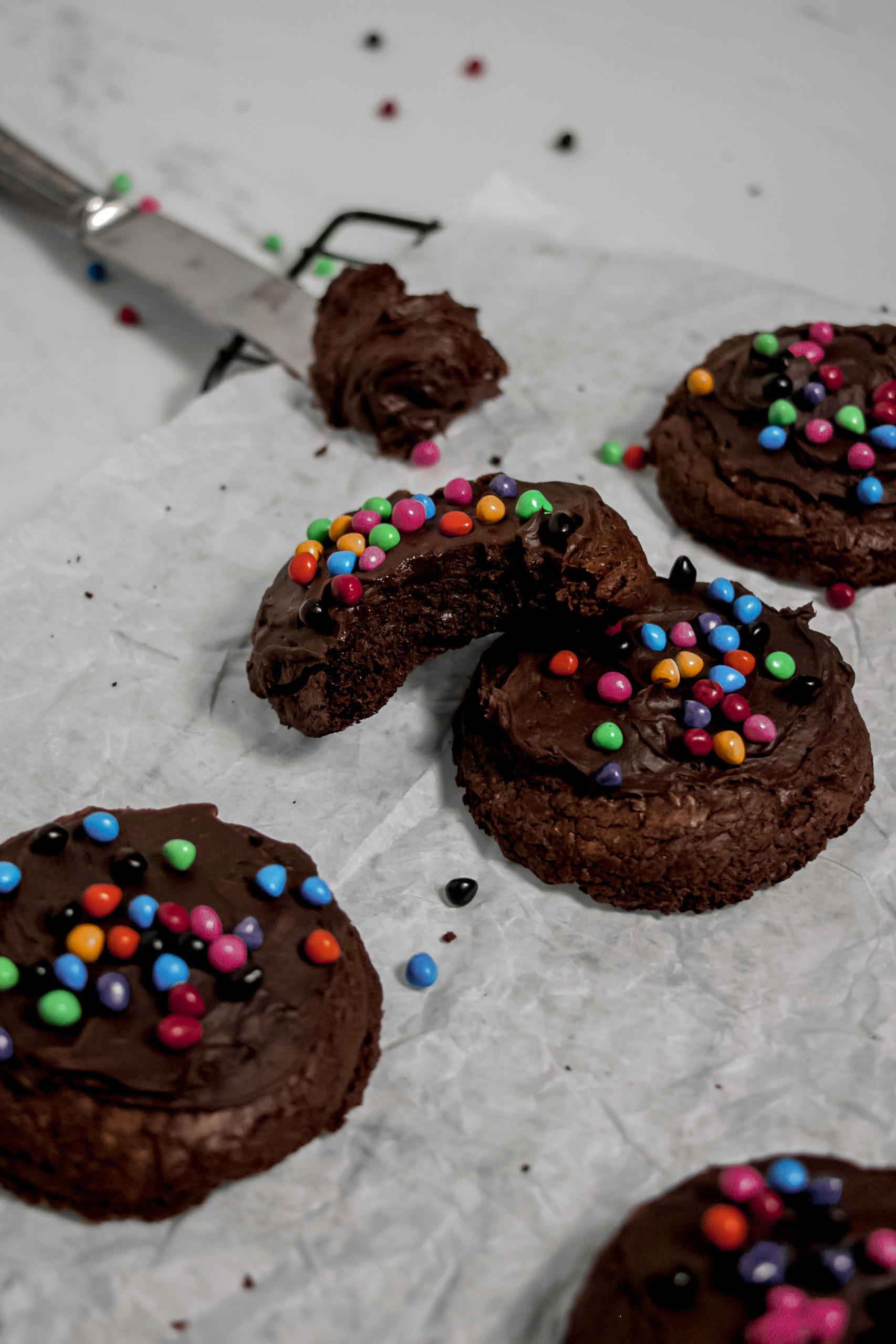 Homemade cosmic brownie cookies bite shot