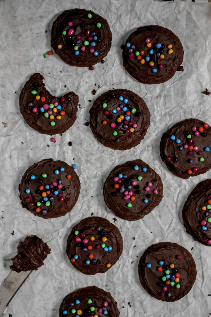 Homemade cosmic brownie cookies flatlay 