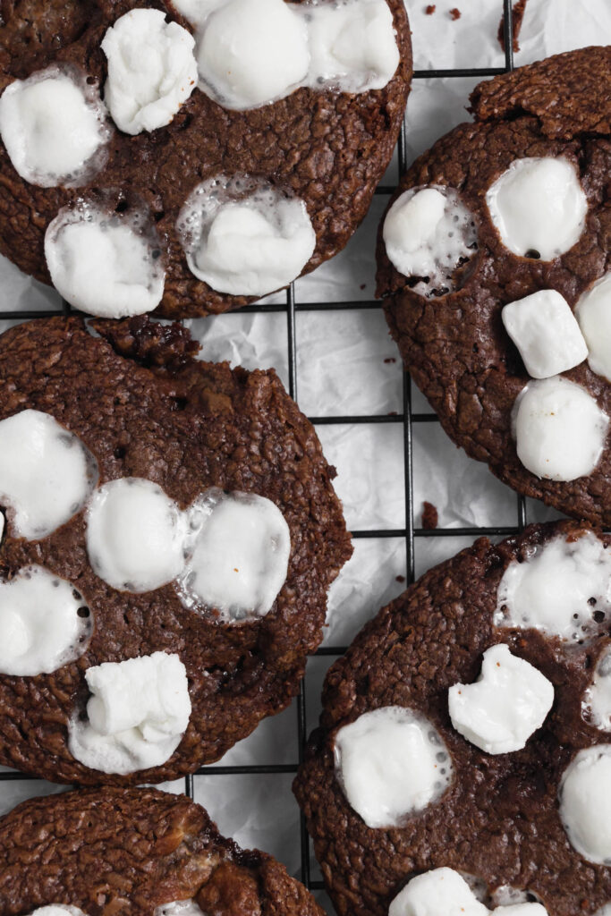 Homemade hot cocoa cookies top view close up