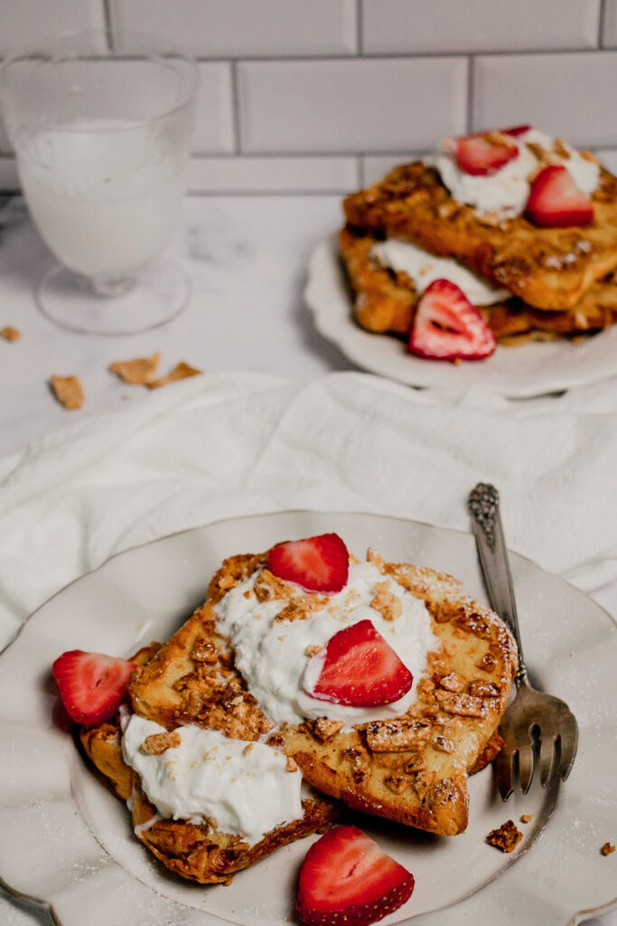 Homemade cinnamon toast crunch french toast with strawberries