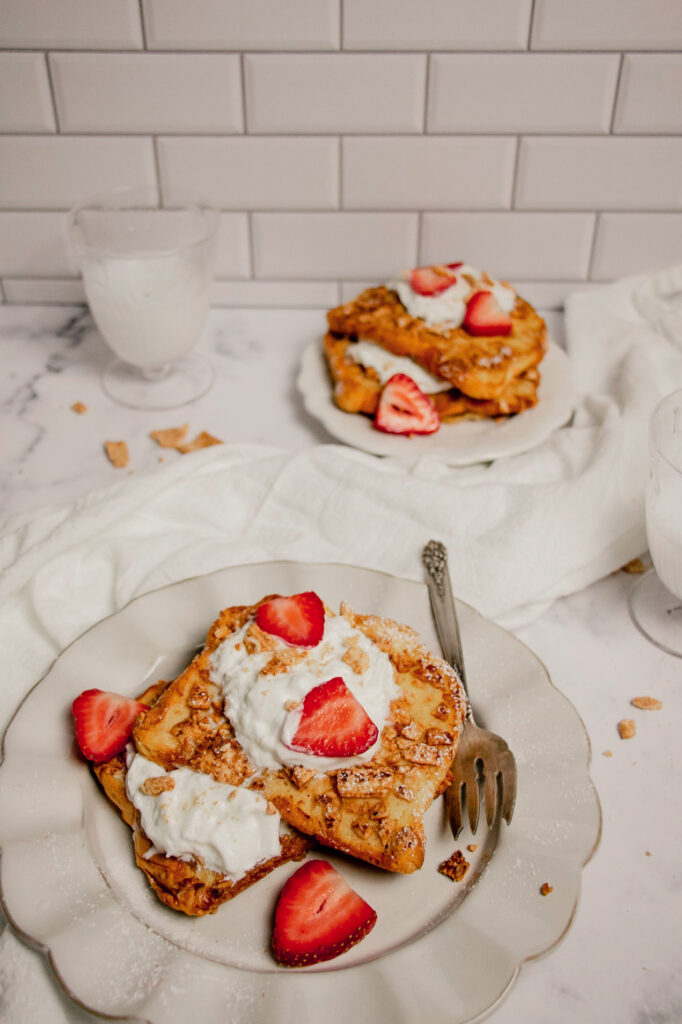 Homemade cinnamon toast crunch french toast with strawberries