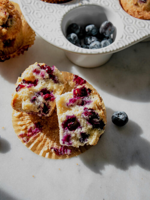 homemade Blueberry Muffins, cut in half