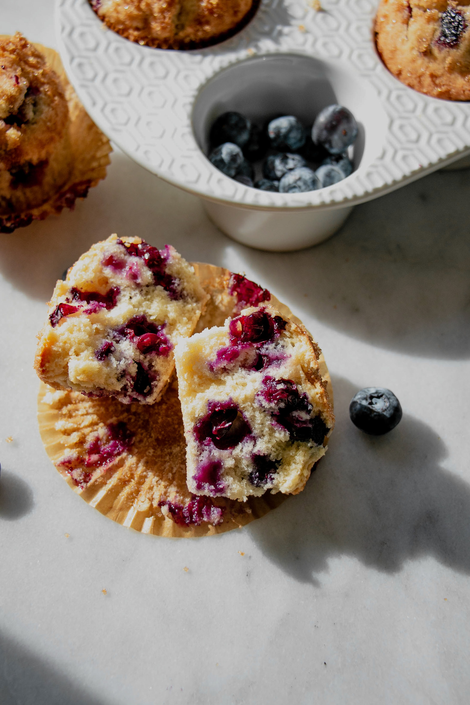 homemade Blueberry Muffins, cut in half