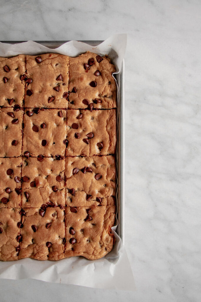 homemade chocolate chip blondies overhead shot top view