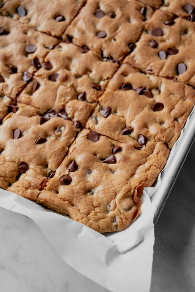 homemade chocolate chip blondies corner shot side view