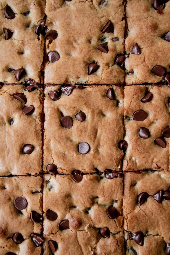 homemade chocolate chip blondies close up detail macro shot