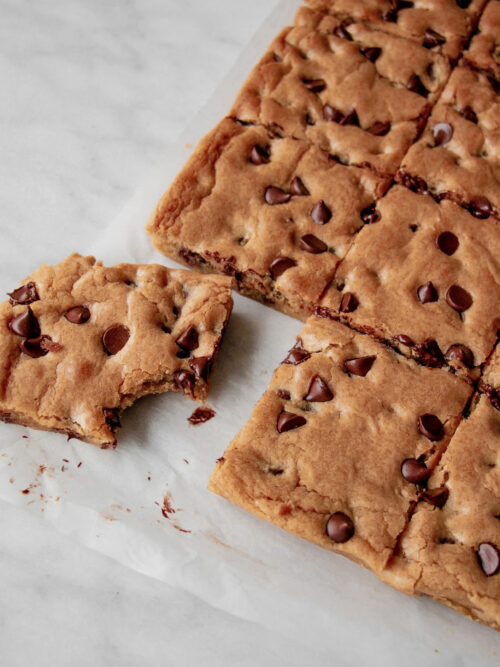 homemade chocolate chip blondies bite shot