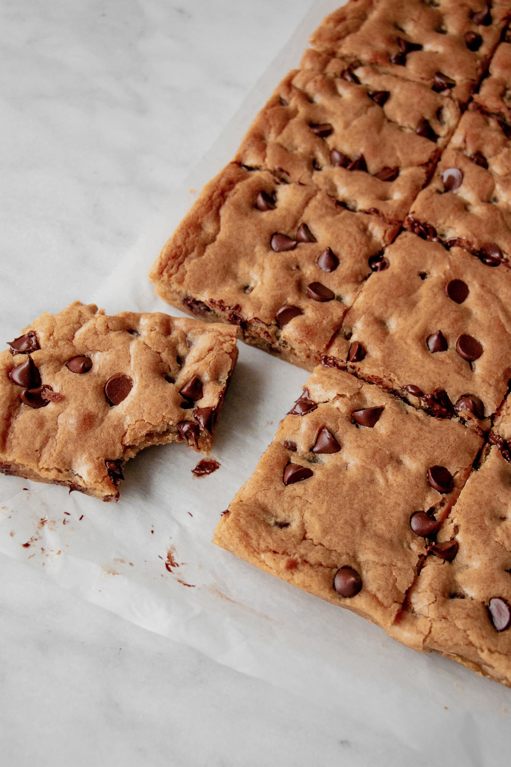 homemade chocolate chip blondies bite shot