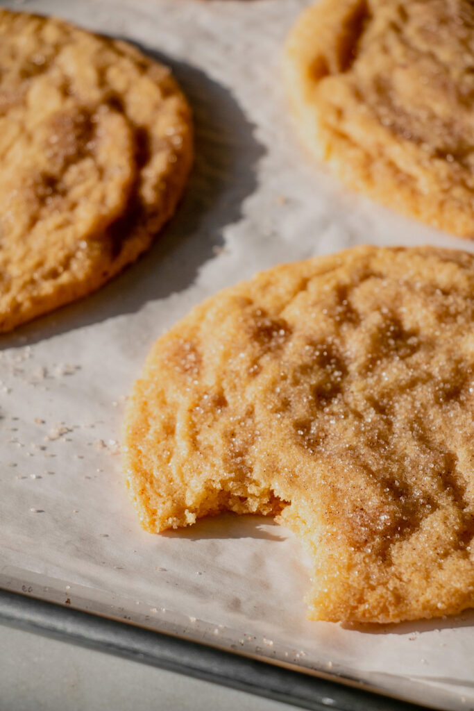 homemade jumbo snickerdoodle cookie with a bite