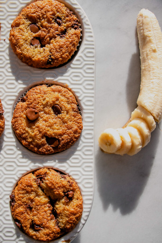 tray of homemade banana chocolate chip muffins