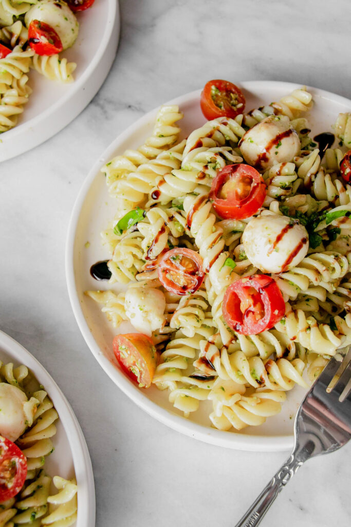 caprese pasta salad close up