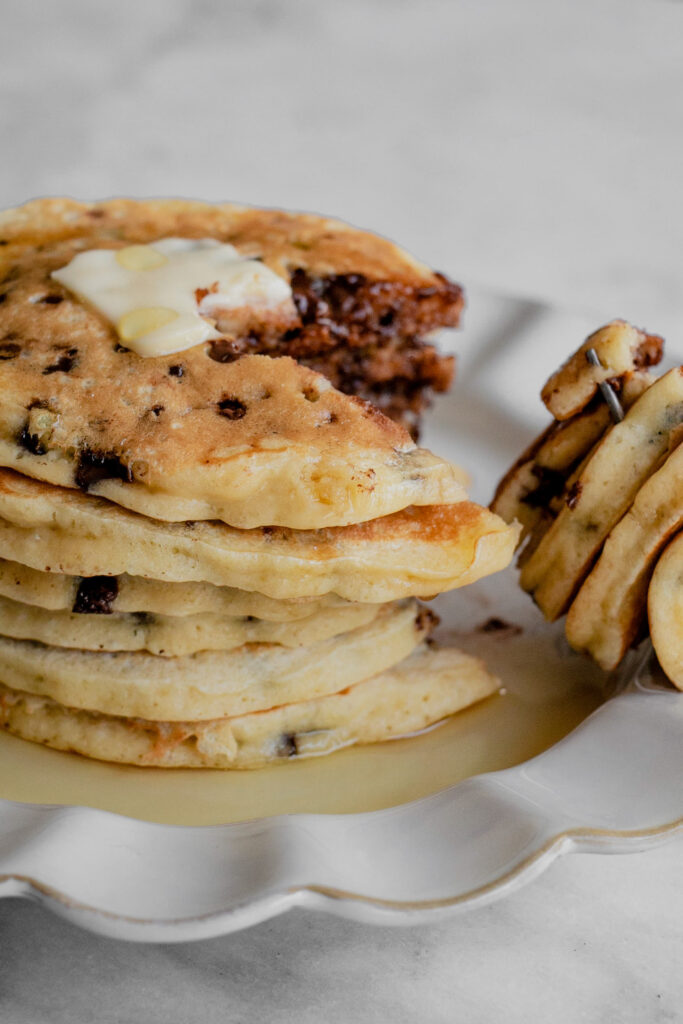 stack chocolate chip pancakes