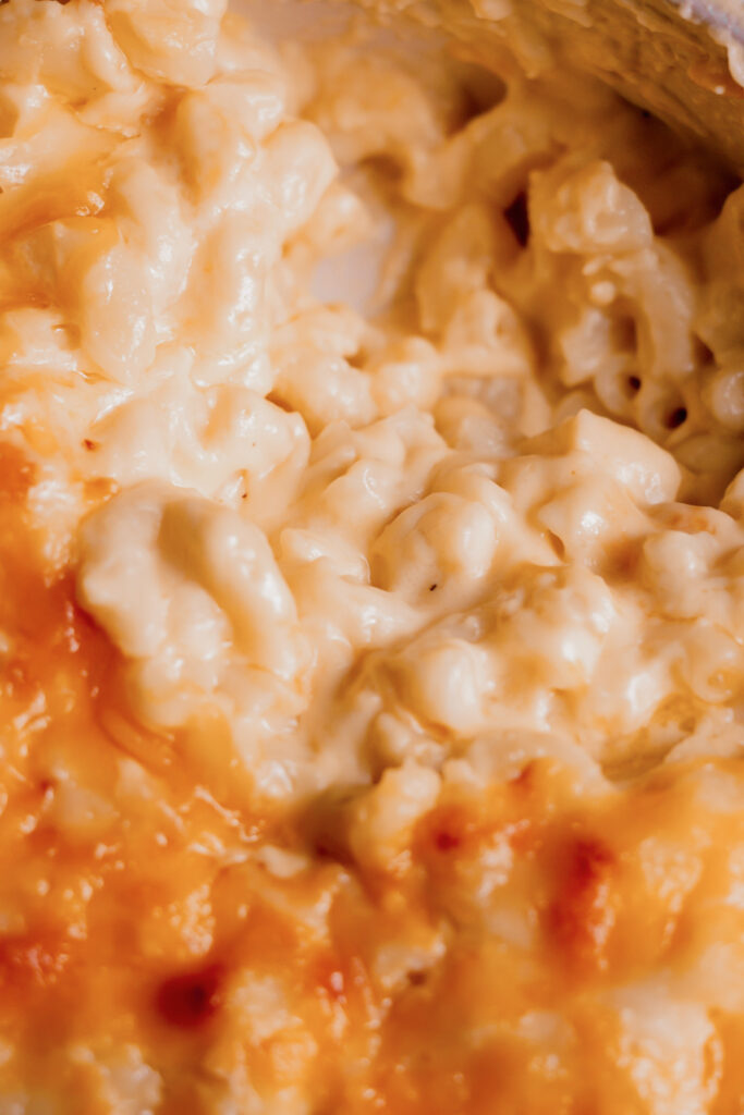 homemade baked mac and cheese close up micro shot