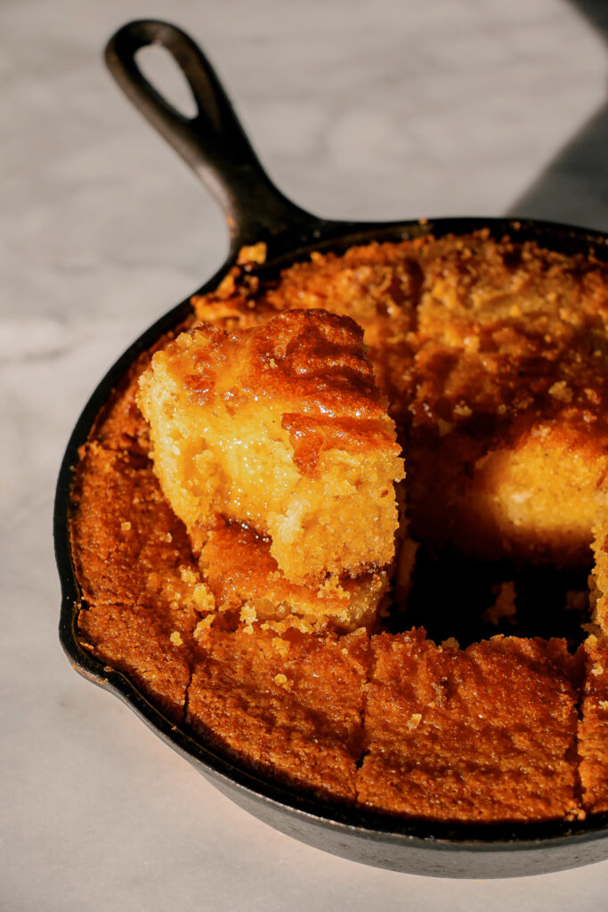 homemade skillet corn bread with a bite