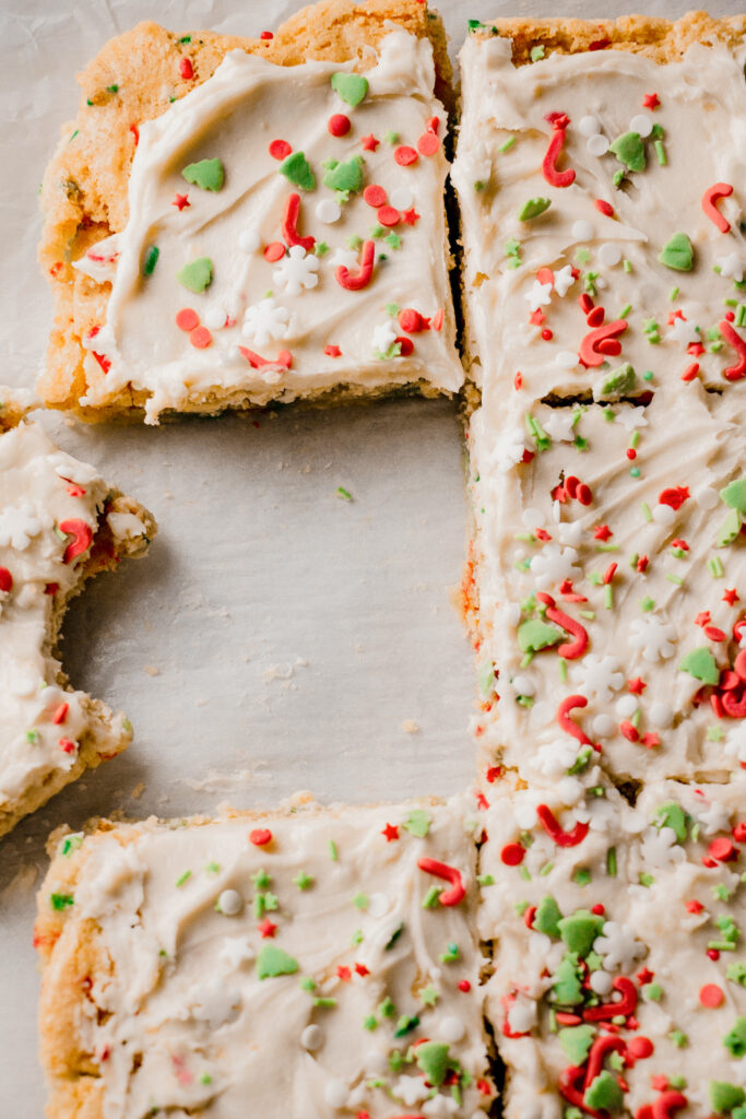 homemade frosted sugar cookie bars from the side