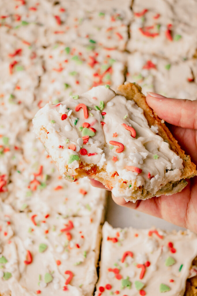 homemade frosted sugar cookie bars up close