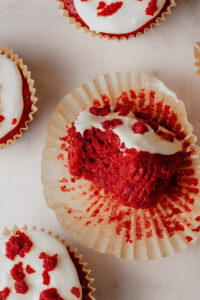 homemade red velvet cupcakes with a bite