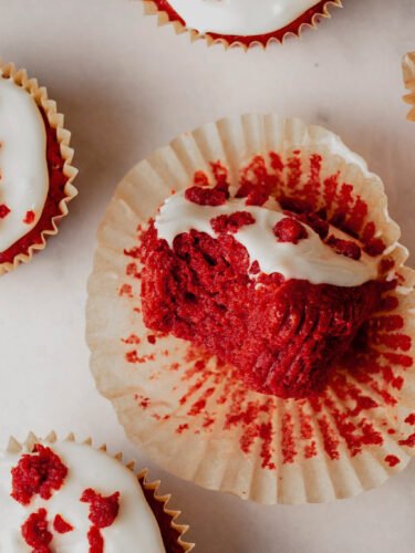 homemade red velvet cupcakes with a bite